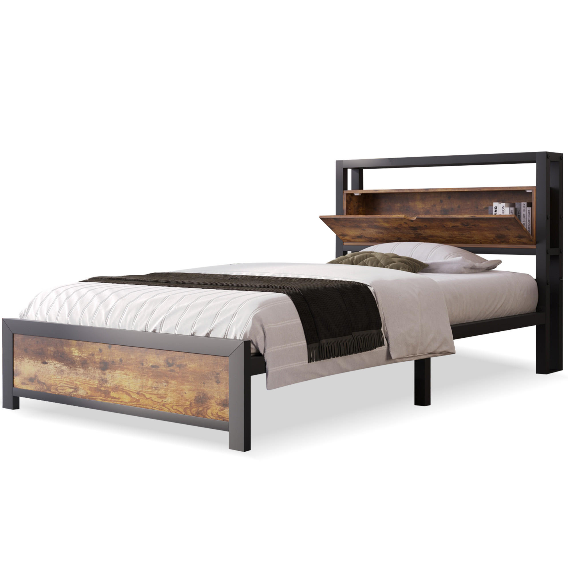 METALLBETT aus Metall und Holz 90x200 cm in Natur mit Stauraum-Kopfteil - Naturfarben, Metall (90/200cm) - Modfu