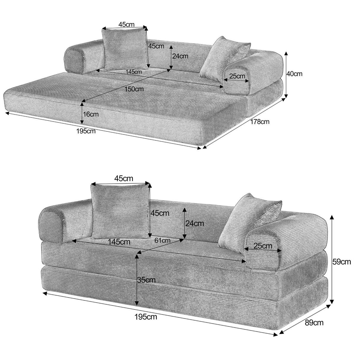 SCHLAFSOFA aus Cord in Taupe – 2-in-1 Bodensofa & Gästebett ohne Montage - Taupe, Textil (89/59/195cm) - Urban Meuble