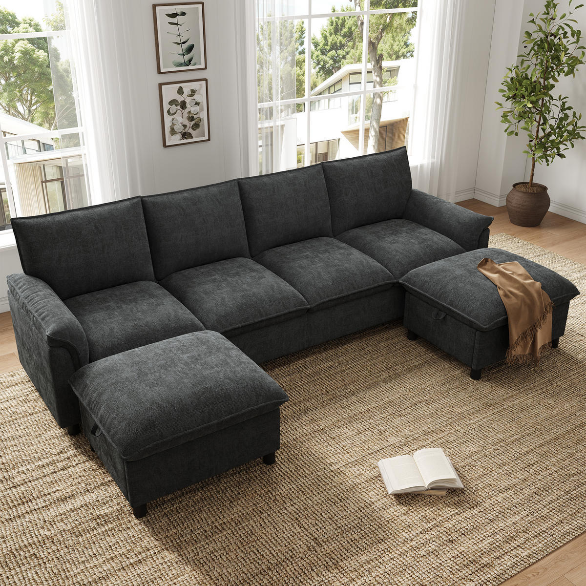 WOHNLANDSCHAFT 264.5/142.5/84 cm Schwarz mit 2 Aufbewahrungs-Ottomane - Schwarz, Textil (142.5/84/264.5cm) - Oxeza