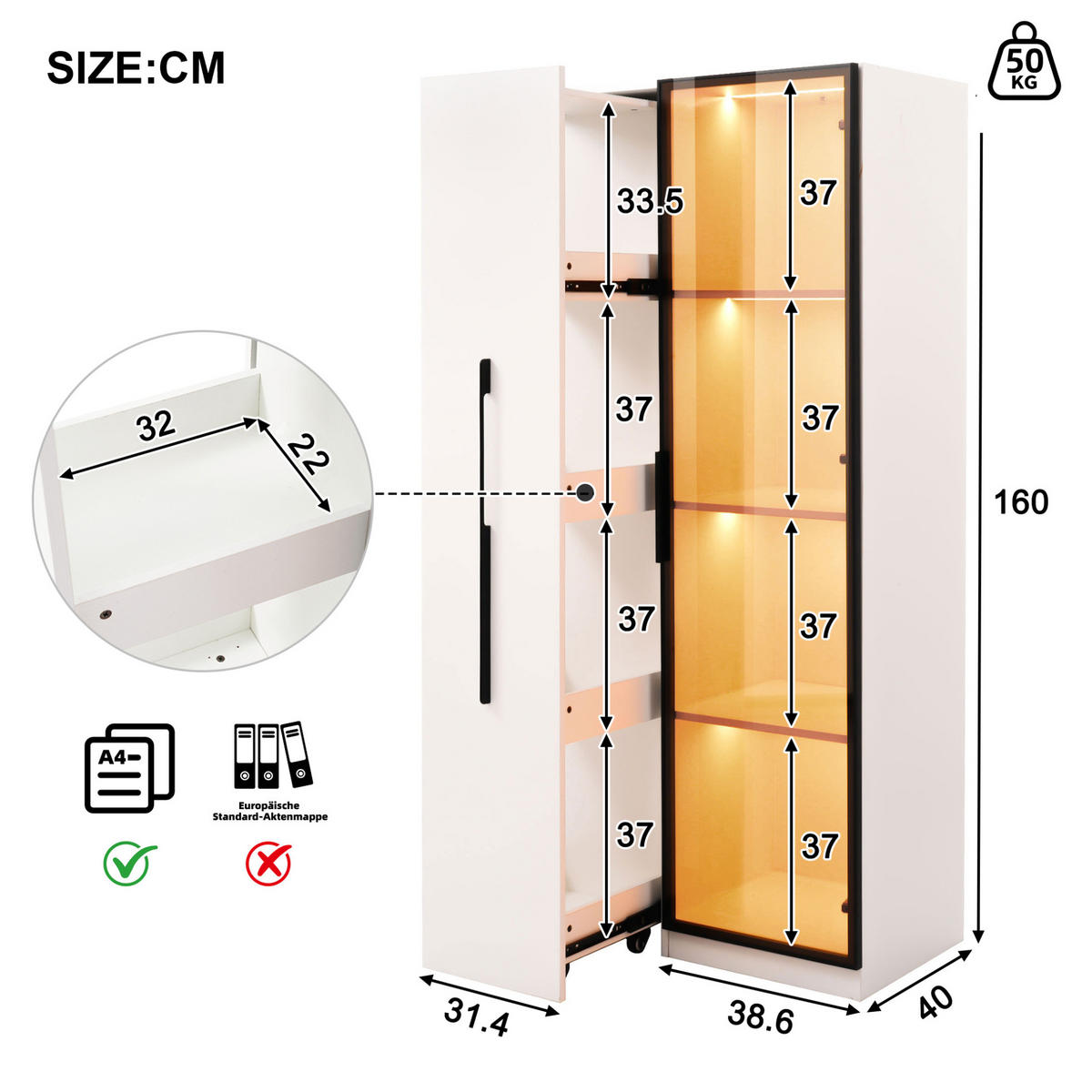 VITRINE 70/40/160 cm aus MDF mit ausziehbarem Bücherregal und LED-Beleuchtung Weiß - Weiß, Holzwerkstoff (70/160/40cm) - Modenvie