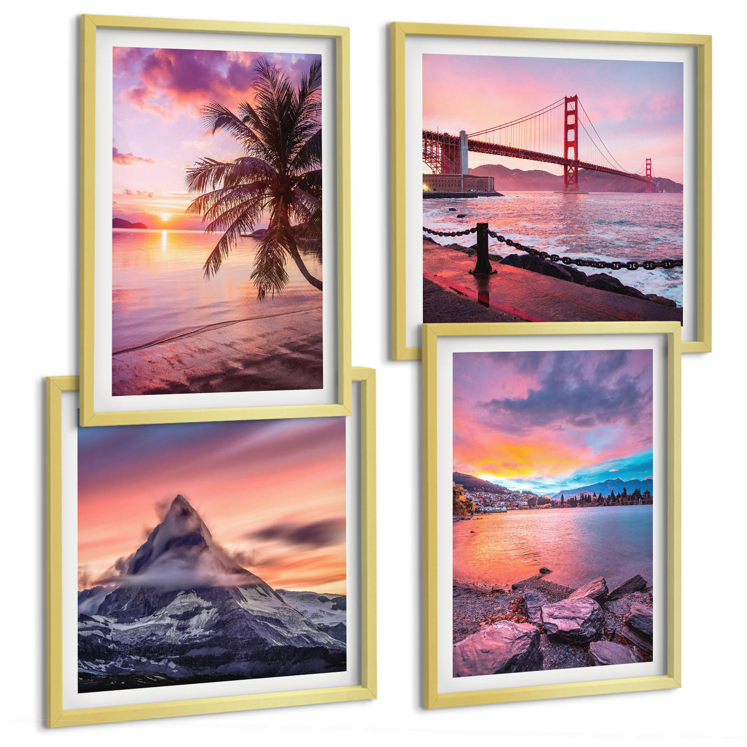 BILDER SET 4er Set - 50x50 cm & 40x60 cm Goldrahmen - Sonnenuntergangsbrücke Landschaft - Goldfarben, Kunststoff (50/50cm) - TULUP