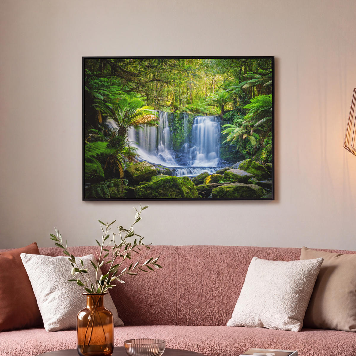 LEINWAND Bilder mit Rahmen - Dschungel - Wasserfall - Australien - Pflanzen - Natur - 70x50 - Dunkelgrün, Textil (70/50cm) - MuchoWow