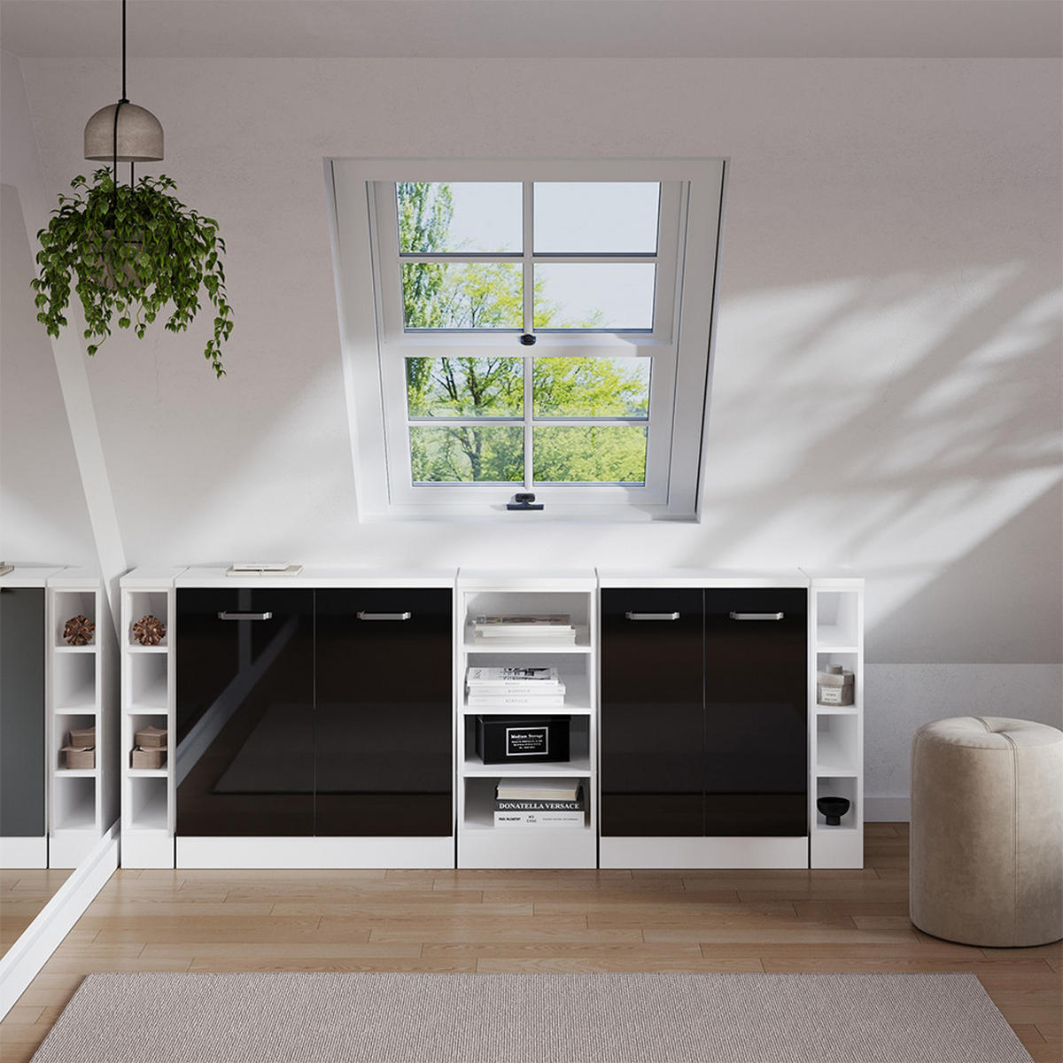 ŠATNÍKOVÁ ZOSTAVA PRE ŠIKMÉ STRECHY Rion Čierny vysoký lesk 210 cm Súprava 5 korpusov skrine hĺbka 60 cm - biela/čierna s vysokým leskom, kompozitné drevo (210/83.8/60cm) - Vicco
