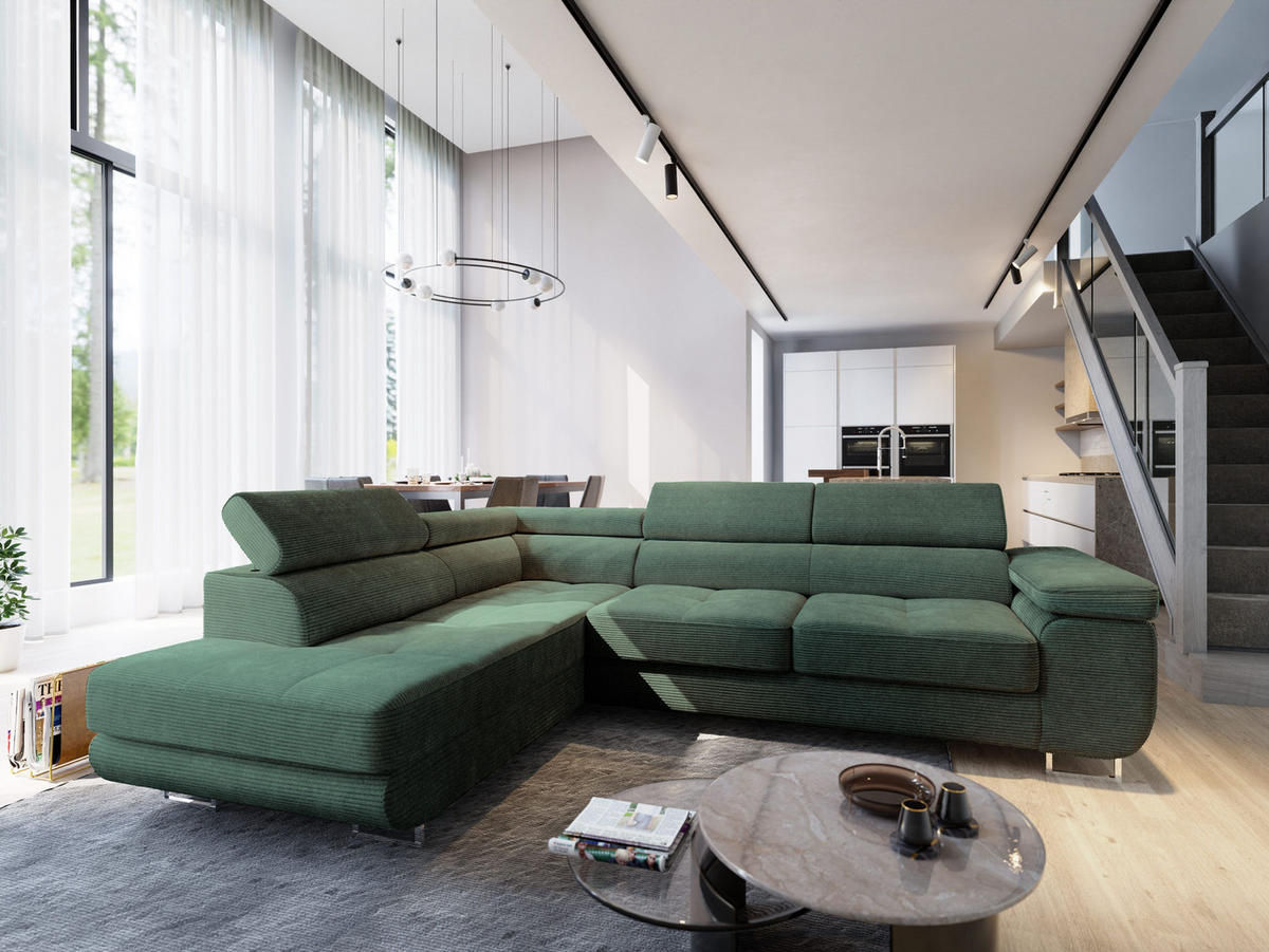 ECKSOFA APIRO L-S Grün Kordstoff mit Schlaffunktion - Grün, Holz (276/202cm) - MASSENO
