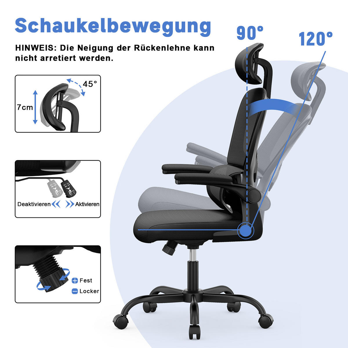 COMPUTERSTUHL drehbar, Wippfunktion – Schwarz - Schwarz, Metall (54/127/54cm) - Rattantree