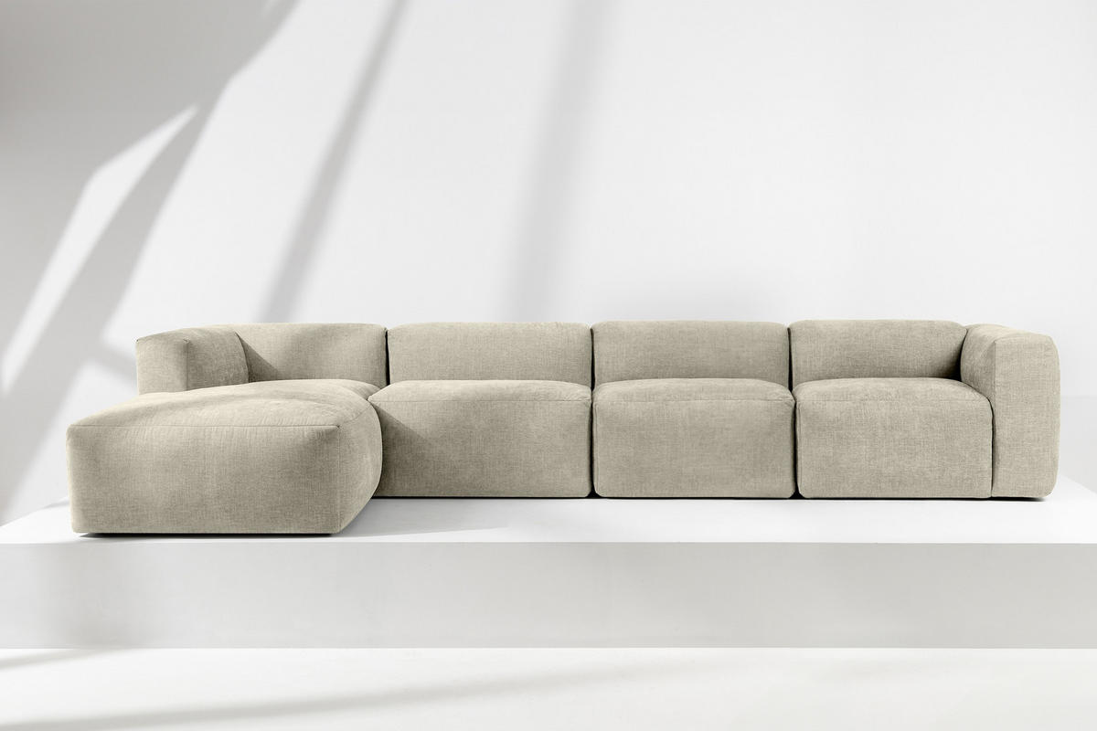 ECKMODULSOFA-LINKS BUFFO 6-Sitzer mit extrem weicher Sitzfläche, Gewebestoff, ecru - Ecru, Textil (377/180cm) - KONSIMO®