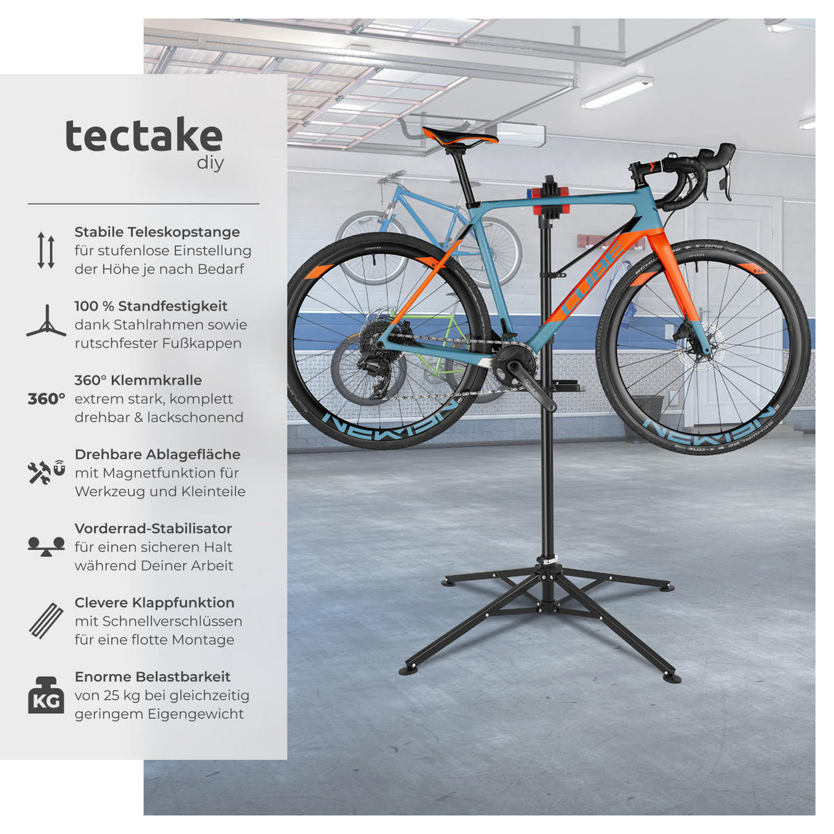 FAHRRADMONTAGESTÄNDER, inklusive Werkzeugablage,schwarz - Schwarz, Textil (85/200/85cm) - tectake