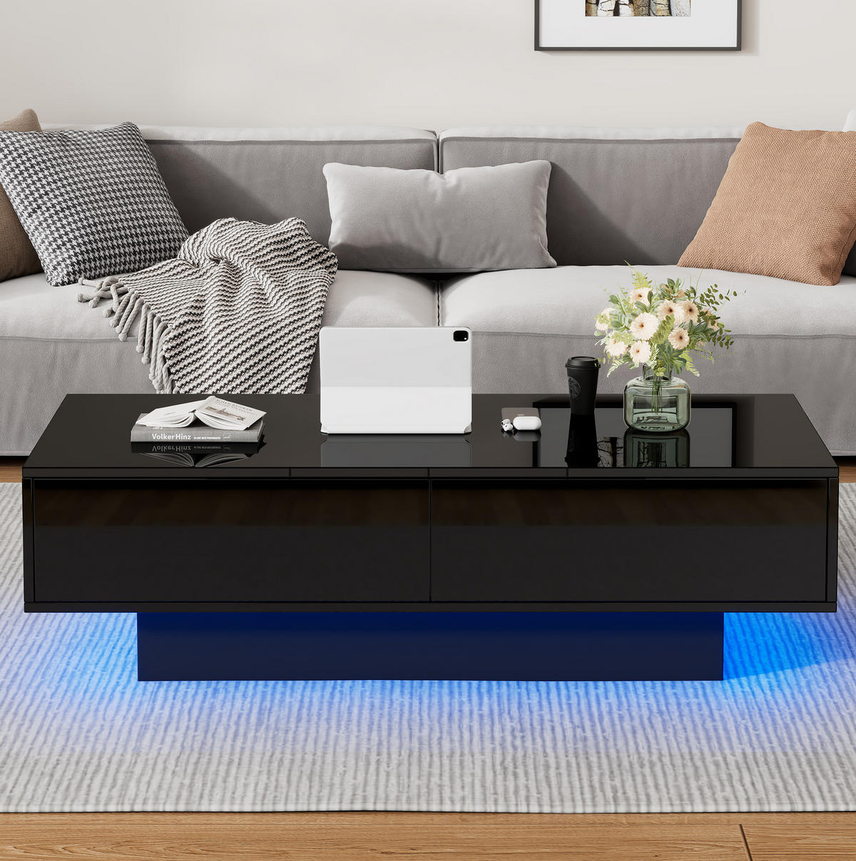 KONFERENČNÝ stolík čierny vysoký lesk 115/55/34 cm, 2 zásuvky, LED - čierna, kompozitné drevo (115/55/34cm) - Flora Grace