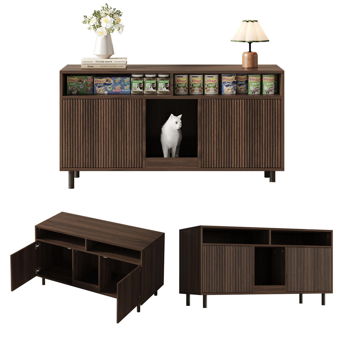 SIDEBOARD Nussbaumfarben aus MDF 120×50×66cm als Katzentoiletten-Schrank mit Sandauffangmatte und Ablagefächern - Nussbaumfarben, Holzwerkstoff (50/66/120cm) - Luhomfu