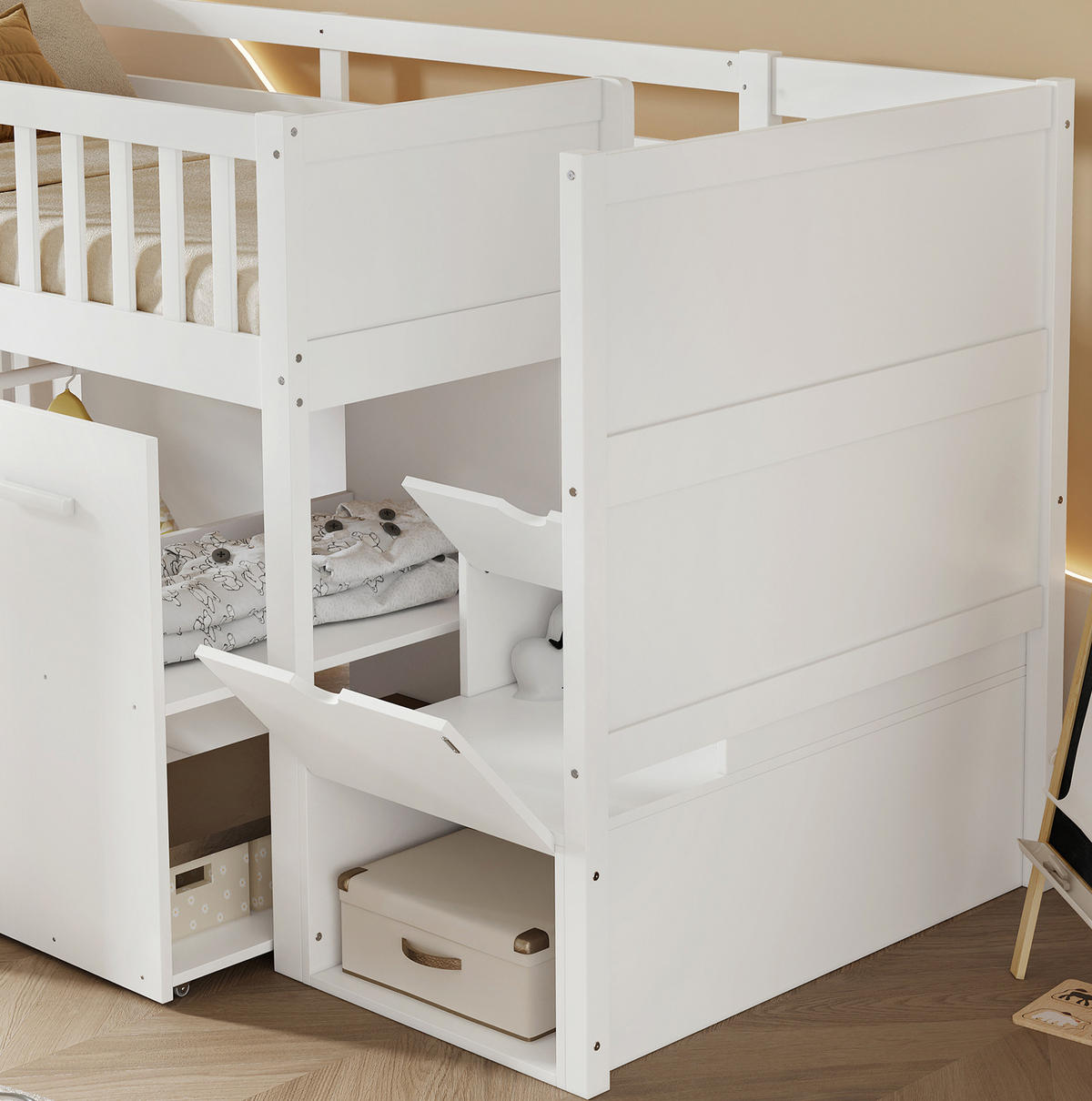 ETAGENBETT 90/200 cm mit Schreibtisch, Kleiderschränken und Stauraumtreppe aus Kiefer/MDF, Weiß - Weiß, Holzwerkstoff (90/200cm) - Redom