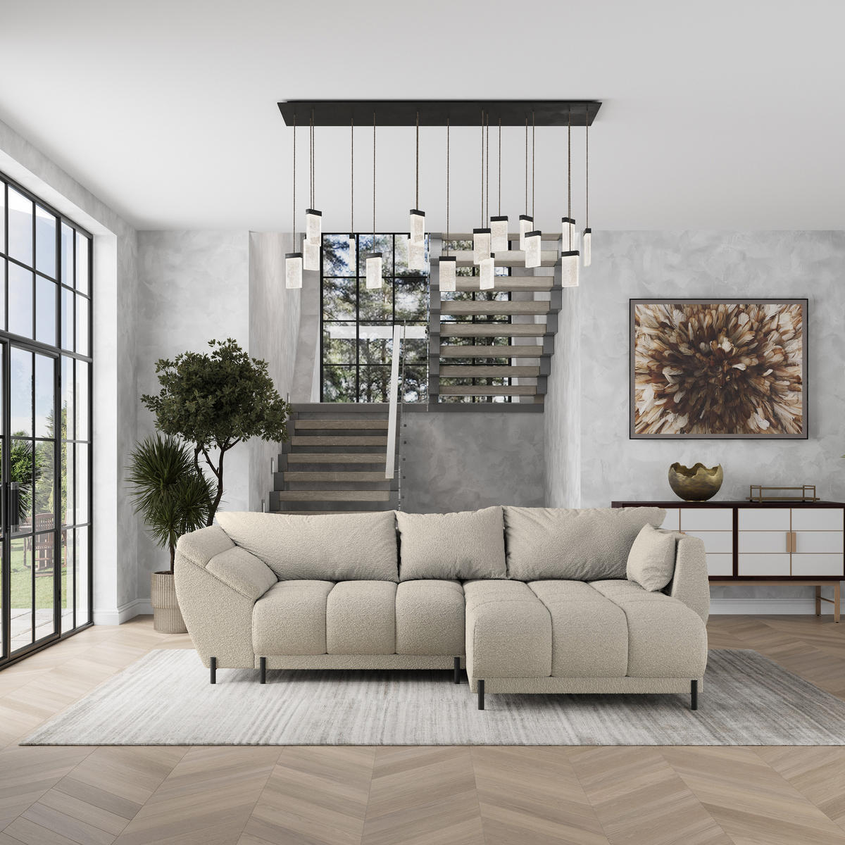 ECKSOFA VESTANO R-S Beige Boucle-Stoff mit Schlaffunktion - Beige, Holz (287/182cm) - MASSENO