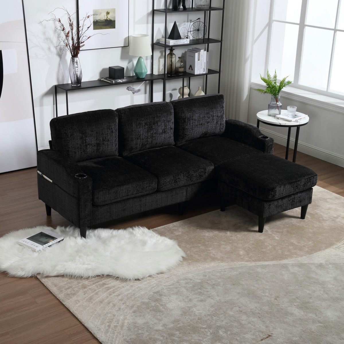 SOFA 4-Sitzer mit Hocker ca. 196,5 x 75 x 77 cm Chenille Black - Schwarz, Kunststoff (196.5/77/75cm) - Meubliv