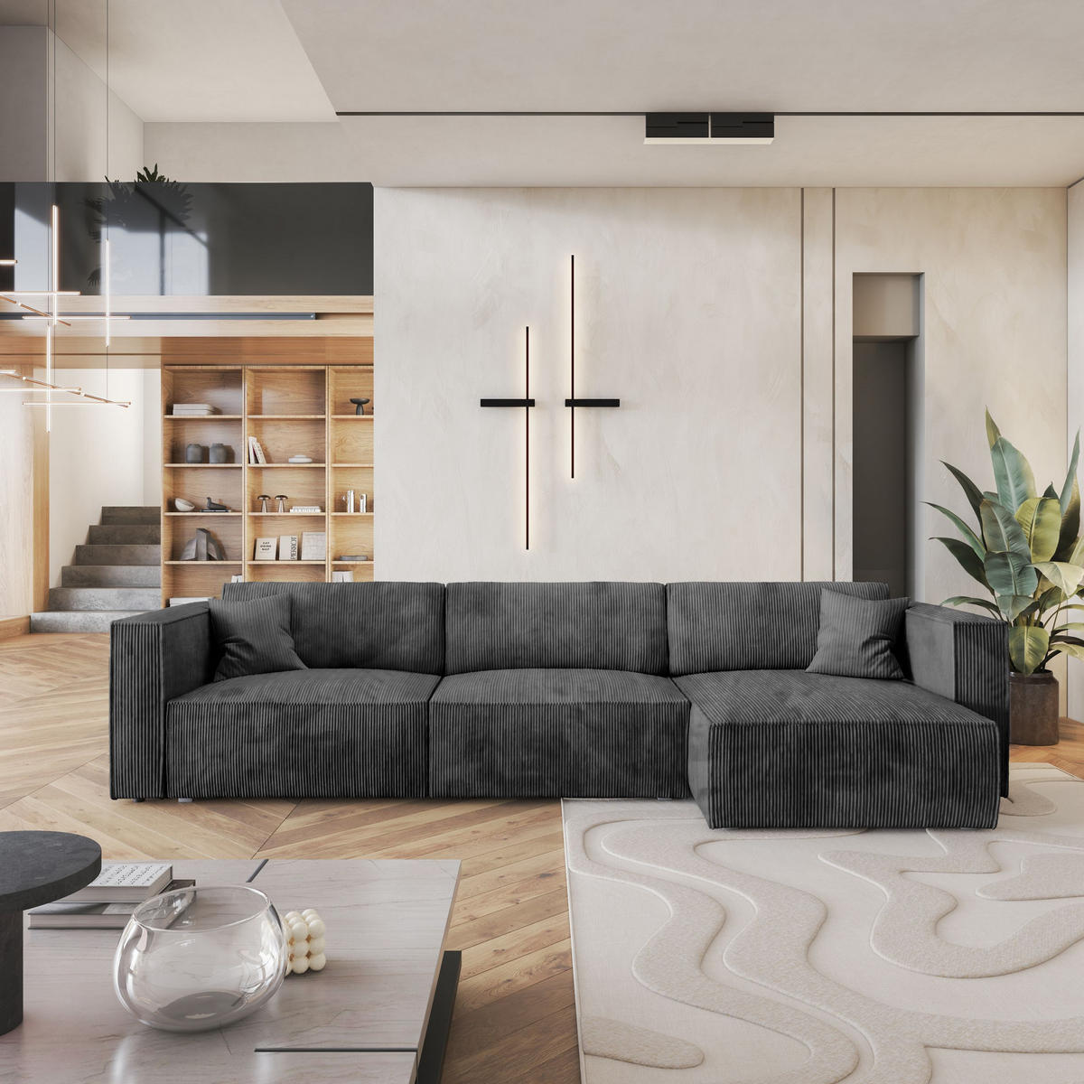 ECKSOFA TOLMO P Graphitfarben Kordstoff mit Schlaffunktion - Graphitfarben/Grau, Holz/Kunststoff (347/148cm) - MASSENO