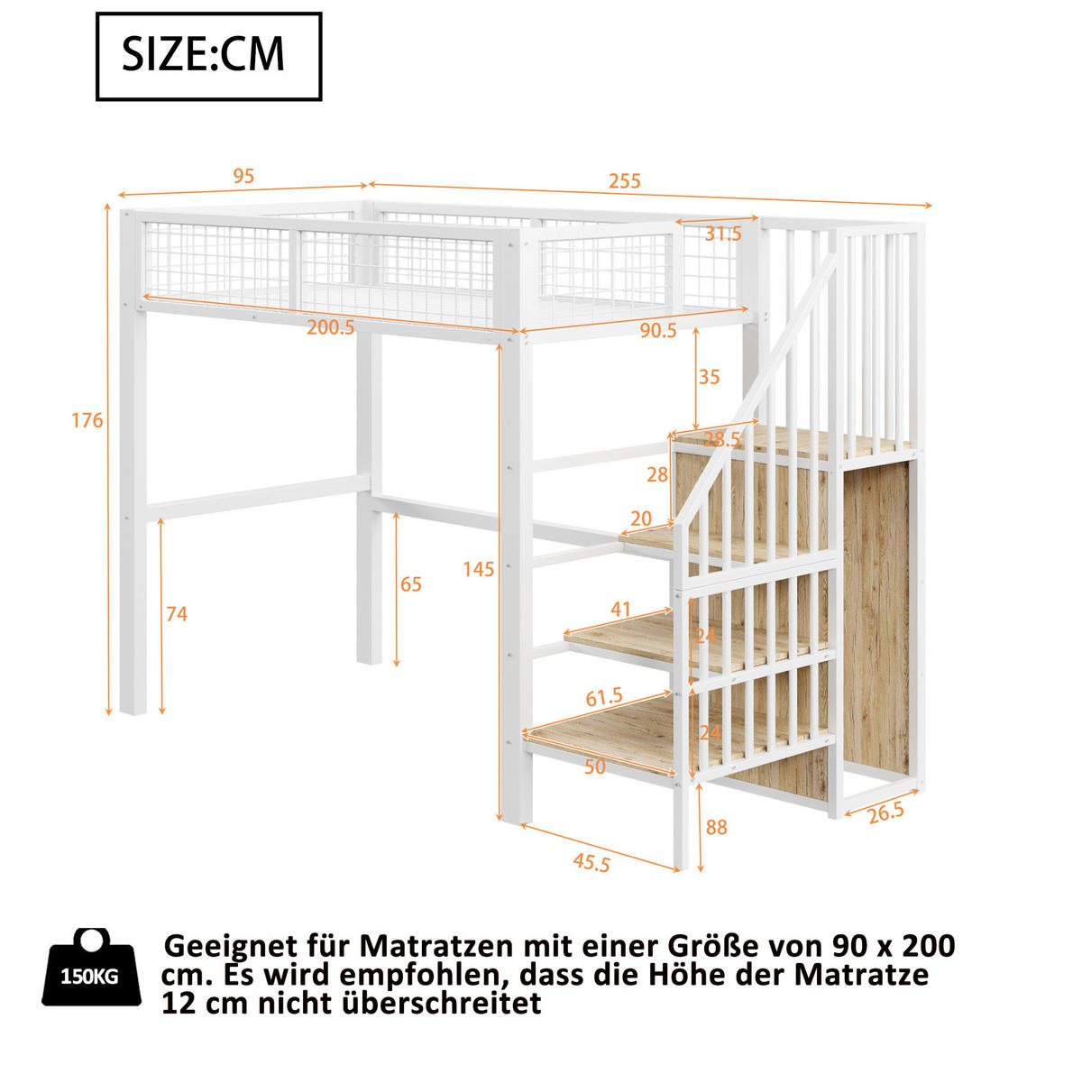 HOCHBETT 90/200 cm Weiß aus Metall und MDF mit Leiter und Kleiderschrank - Weiß, Metall (90/200cm) - OKMYHOME