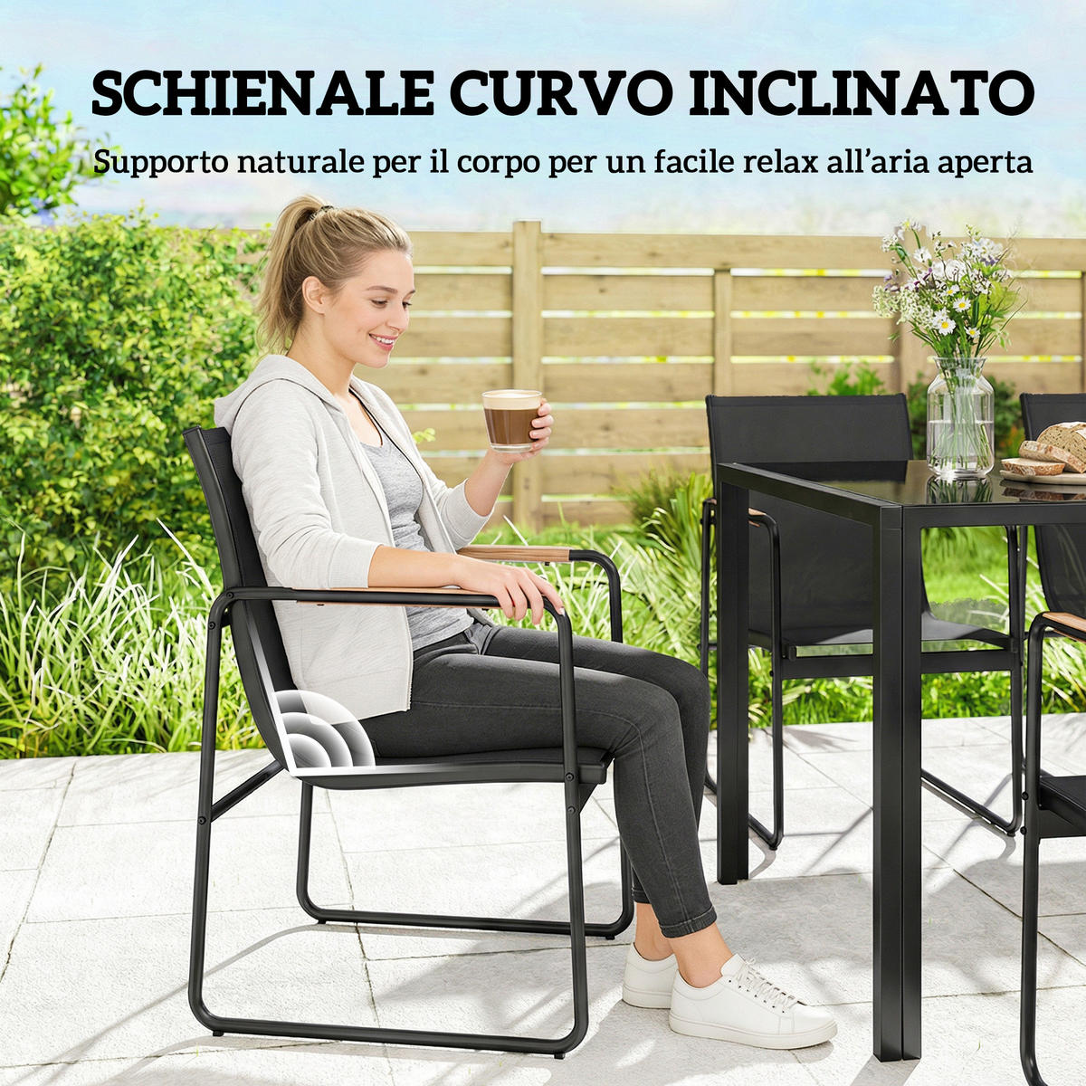 GARTENMÖBELSET 7-teilig,Stahl-Glastisch+6 Texteline-Stühle,schwarz - Schwarz, Metall - Vallsero