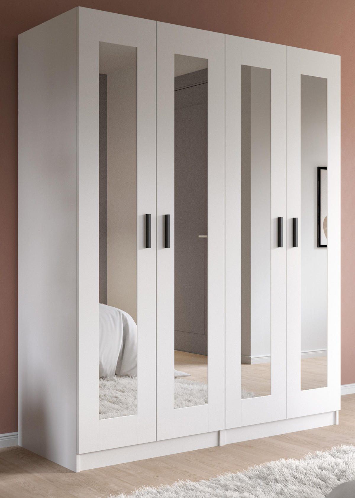 KLEIDERSCHRANK in weiß 160 x 194 cm skandinavisch, Drehtürenschrank 4-türig mit Spiegel - Schwarz/Weiß, Glas/Holzwerkstoff (160/194/56cm) - Inn.Furn