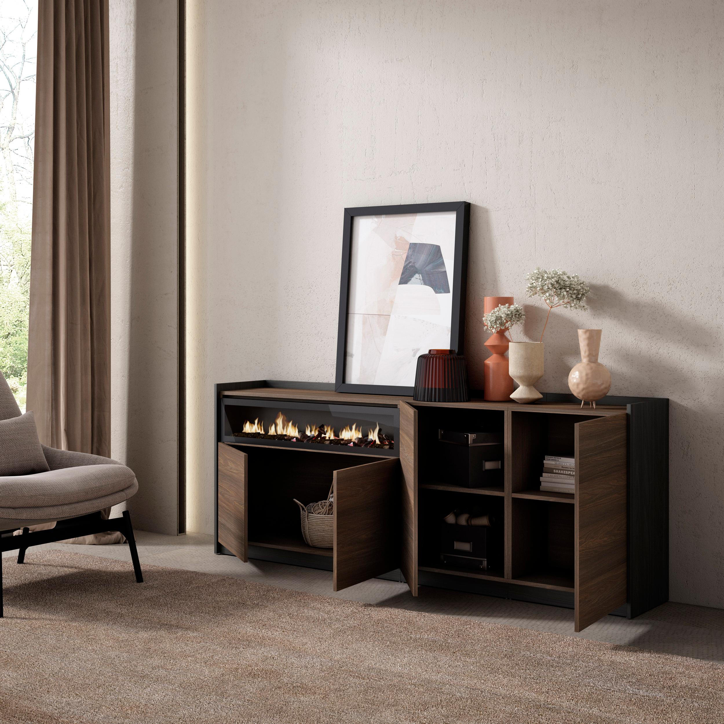 SIDEBOARD, Dunkler Eiche und Schwarz, Elektrokamin, 207/37/80cm - Dunkelbraun, Holzwerkstoff (207/80/37cm) - Skraut Home