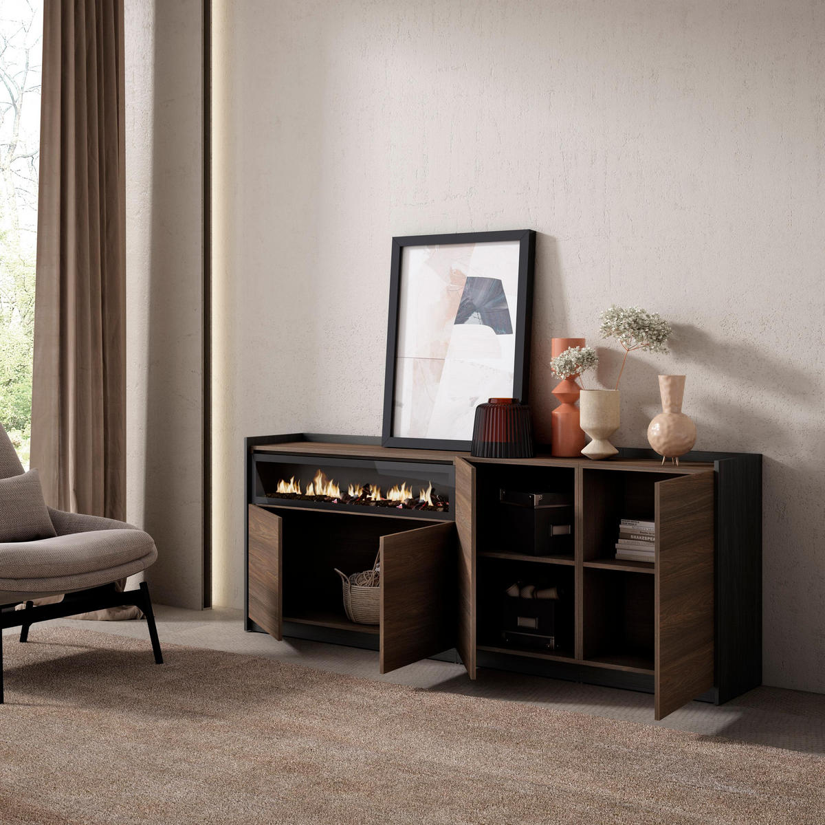 SIDEBOARD, Dunkler Eiche und Schwarz, Elektrokamin, 207/37/80cm - Dunkelbraun, Holzwerkstoff (207/80/37cm) - Skraut Home