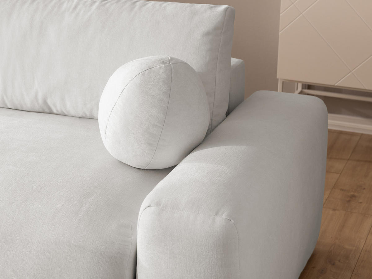 ECKSOFA Puffy mit Schlaffunktion und Bettkasten - besonders weich und puffig aus Creme Webstoff - Ottomane links - Creme/Schwarz, Holz/Kunststoff (138/266cm) - S-Style Möbel