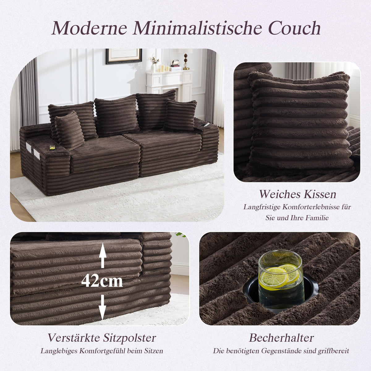 SCHLAFSOFA aus Cord mit Getränkehaltern und Kissen, Kaffeebraun - Mokka, Textil (107.48/34.25/38.58cm)