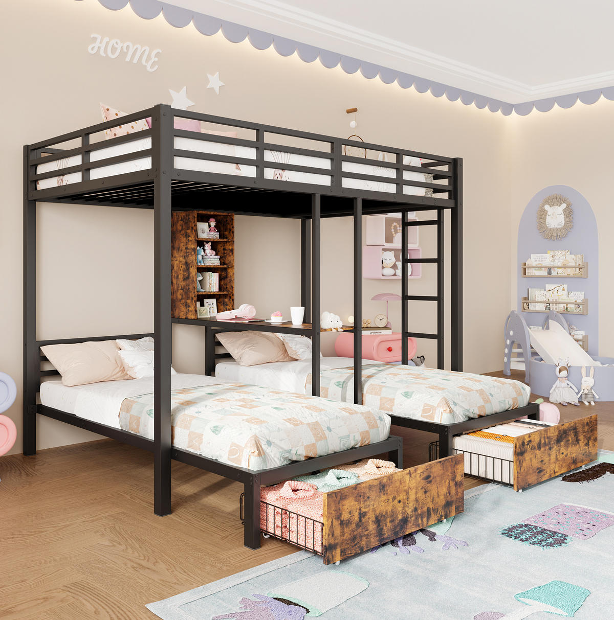 ETAGENBETT 140/200 + 90/200 cm aus Metall und MDF mit 3 Schlafplätzen und 2 Schubladen Schwarz - Schwarz, Holzwerkstoff (140/200cm) - Modenvie