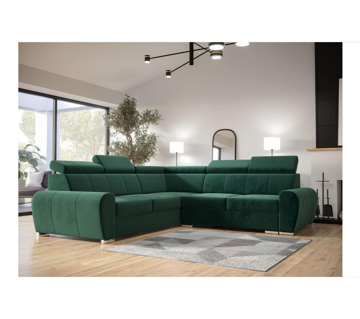 ECKSOFA APOLLO,mit Schlaffunktion und Bettkasten, Farbe: Grün, Velourstoff, Ottomane Links - Grün, Textil (255/255cm) - O-Sofa