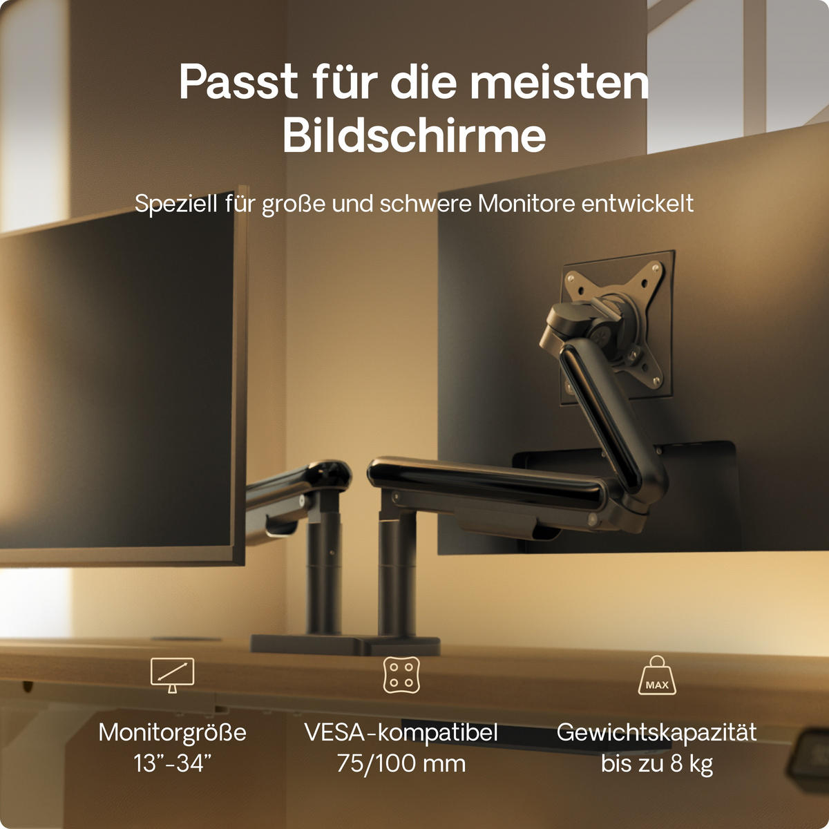 MONITORHALTERUNG, Schwarz, Tischhalterung für 2 Monitore 17"-32", VESA 75x75mm, VESA 100x100mm - Weiß, Kunststoff/Metall (95/12.4/62.3cm) - Desktronic