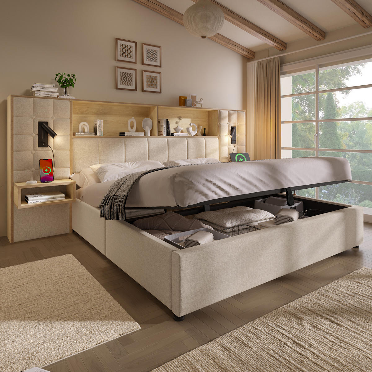 BETT mit Stauraum 160x200 cm Leinen Beige mit Nachttischen - Beige, Metall (160/200cm) - Meubliv