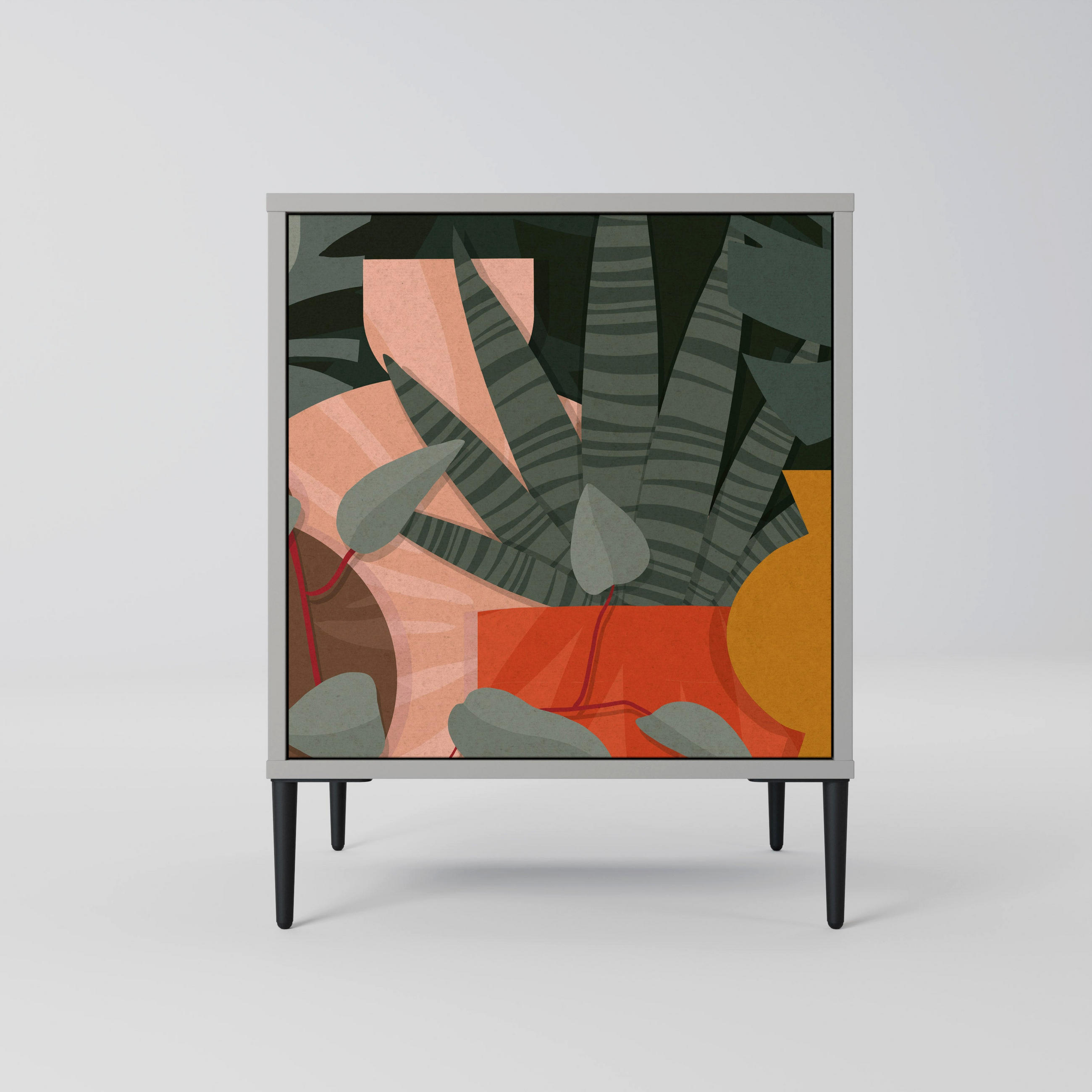 SIDEBOARD TROPICAL COMPOSITION, Grau, 57,5x42x72,5 cm, Schwarze Metallfüße - Multicolor/Schwarz, Holzwerkstoff/Metall (57.5/72.5/42cm) - SpaceRebels