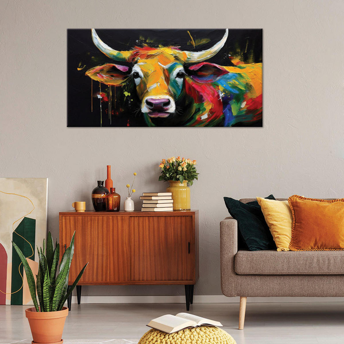 LEINWANDBILD Abstrakte farbige schottische Kuh - Multicolor, Textil (120/60cm) - Feeby