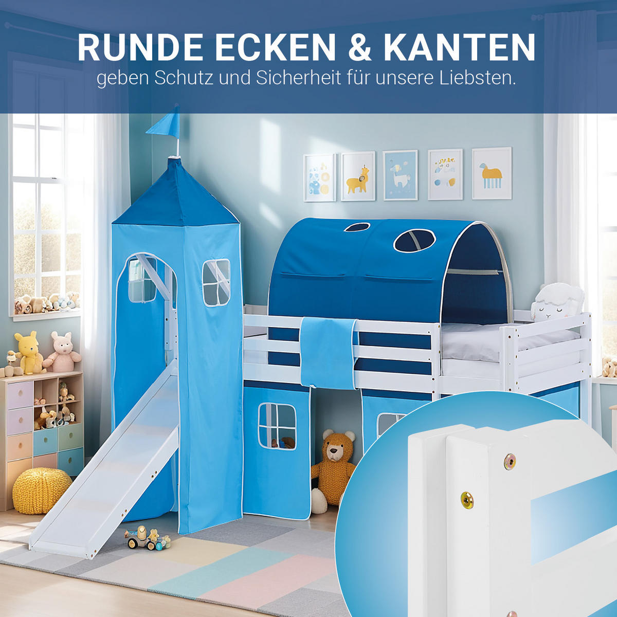 HOCHBETT 90/200 cm in weiß Rutsche Blau - Blau/Weiß, Holz/Textil (90/200cm) - Homestyle4u