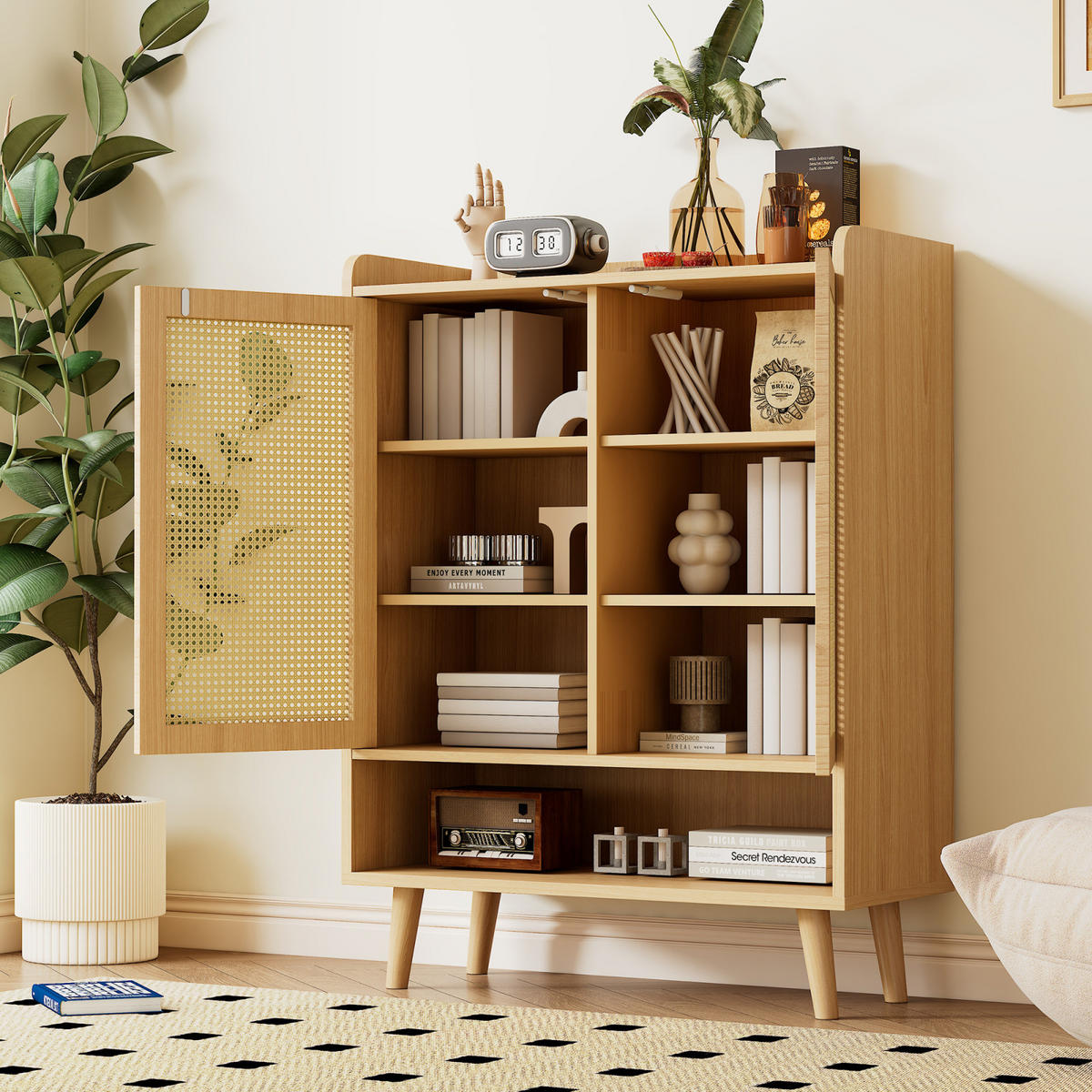 SIDEBOARD 80x35x105 cm, Rattanoptik, Regale, Holzfüße - Kastanienfarben, Holz (80/105/35cm)