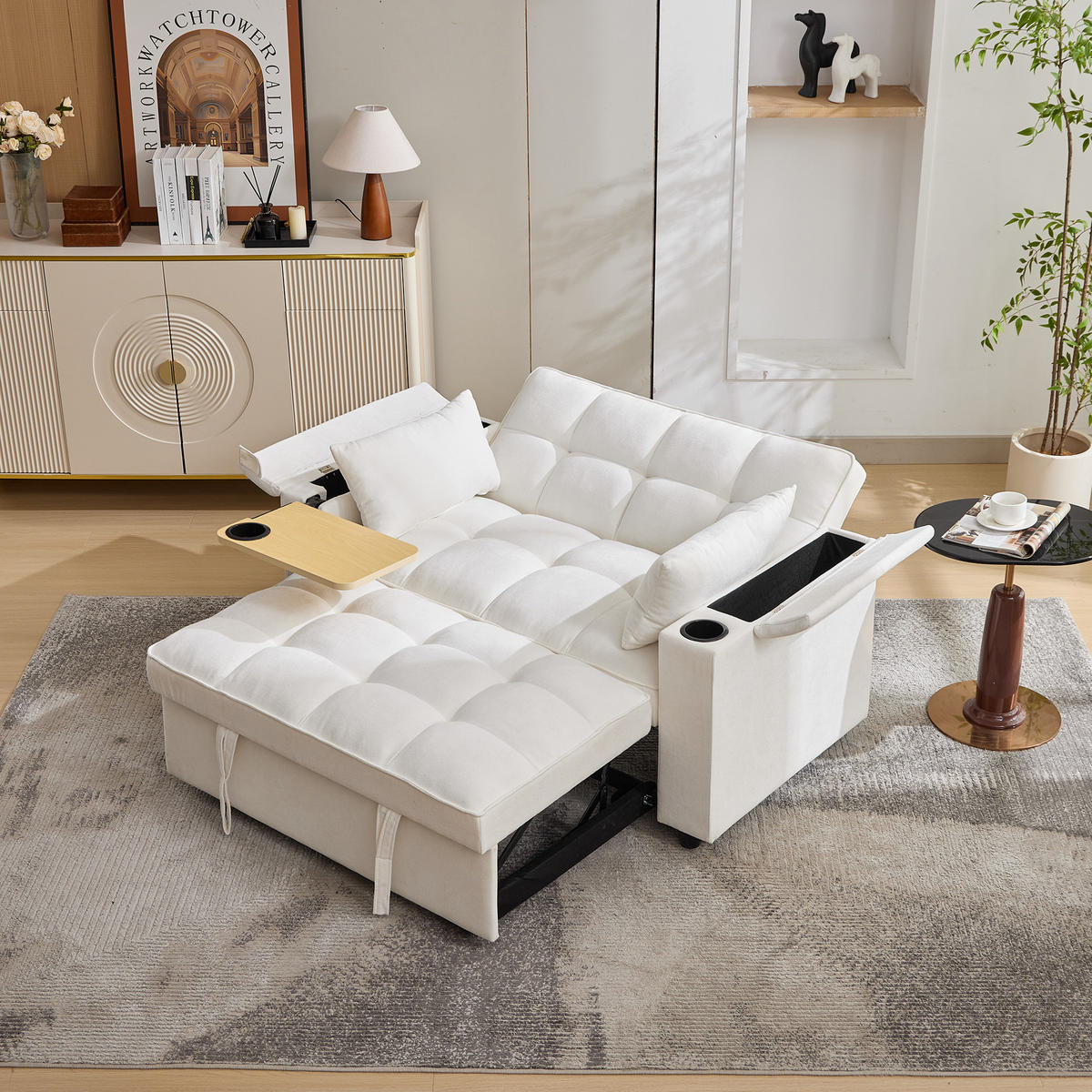 SCHLAFSOFA 140.5/74/82 cm Beige mit USB-Anschluss, verstecktem Tisch und Getränkehalter - Beige, Textil (140.5/82/74cm) - Oxeza