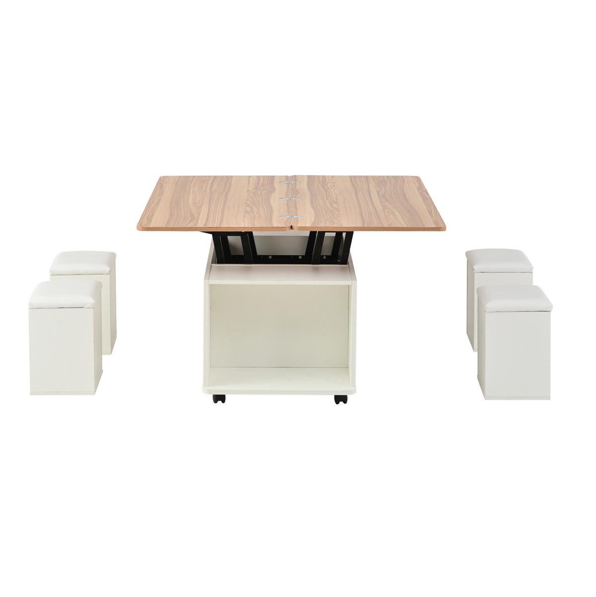 COUCHTISCH 100/50 cm höhenverstellbar mit Stauraum und 4 Hockern - Weiß, Holzwerkstoff (100/50/45cm) - Flora Grace