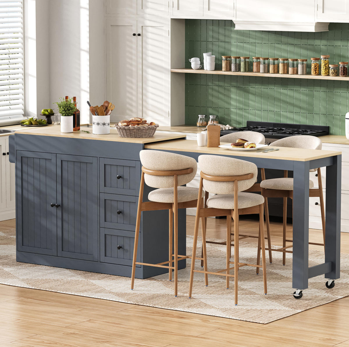 KÜCHENINSEL 112-186,8/45/93 cm mit ausziehbarer Arbeitsplatte, 3 Schubladen und Gewürzregal, MDF, Grau - Grau, Holzwerkstoff (130/93/45cm) - Redom
