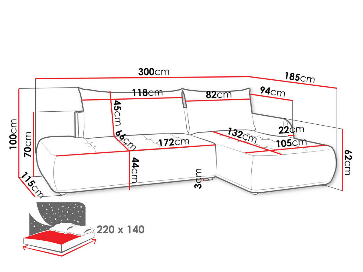 ECKSCHLAFSOFA Bueno I, Seite: Rechts - Dunkelgrau/Schwarz, Holz/Textil (300/185cm) - MIRJAN24