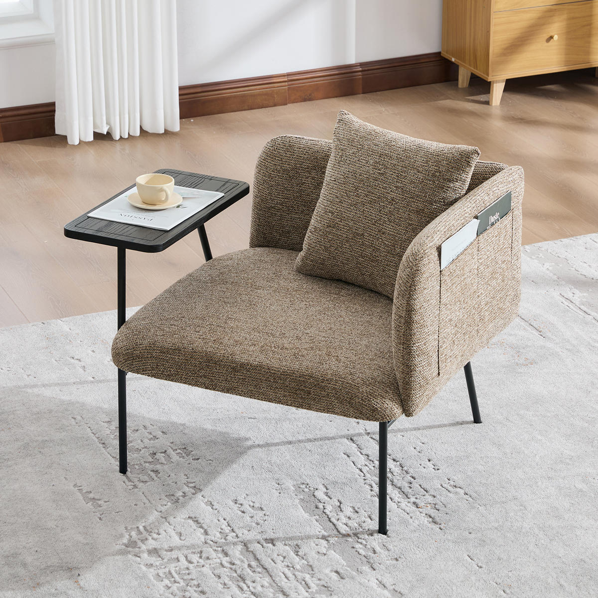 SESSEL Chenille Khaki mit Beistelltisch und Seitentaschen - Hellbraun, Textil/Metall (86/71/72cm) - WISHDOR