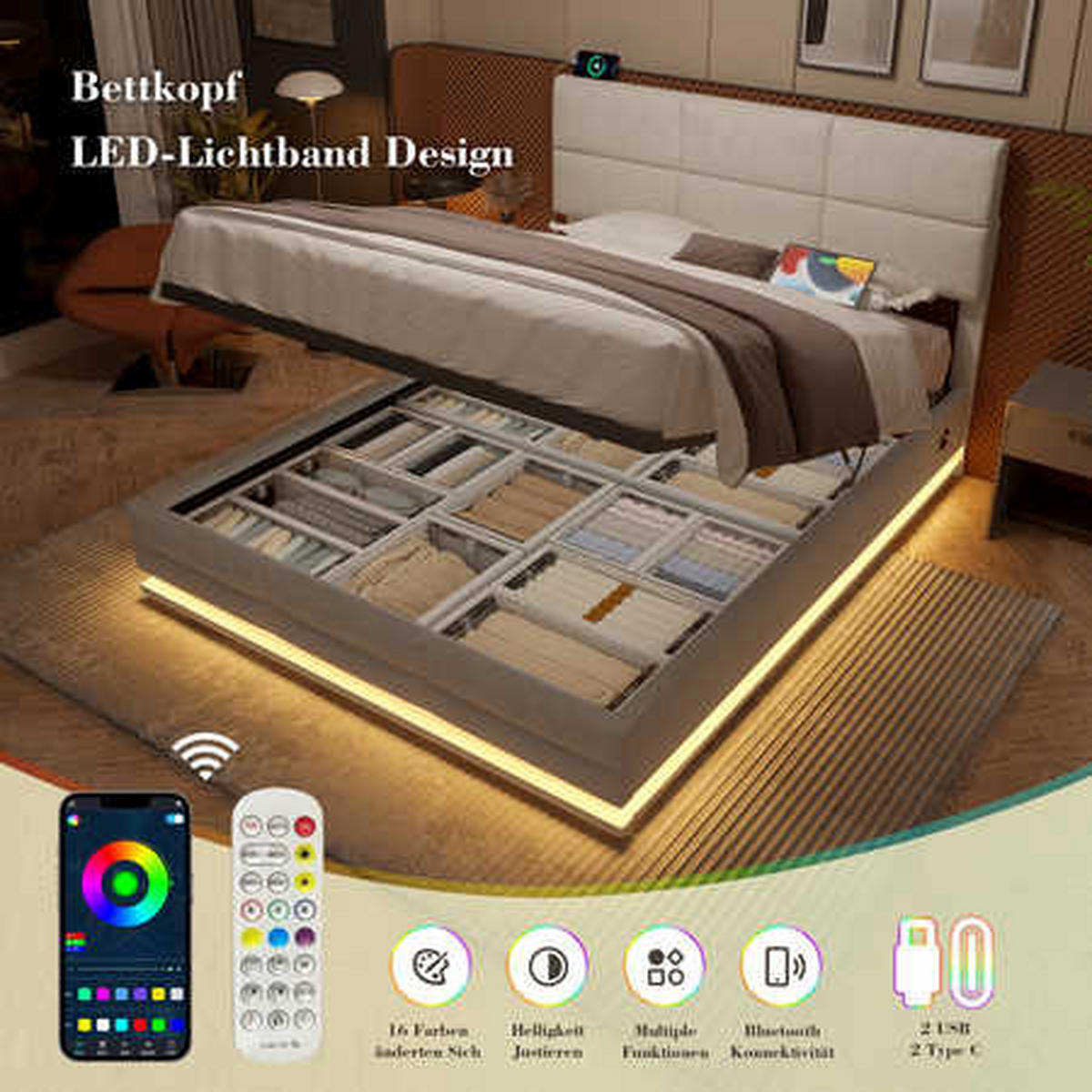 POLSTERBETT 140x200cm Beige Velours mit höhenverstellbarem Kopfteil, dimmbarer LED, USB/Type-C und hydraulischem XXL-Stauraum - Beige, Textil (140/200cm) - Luhomfu