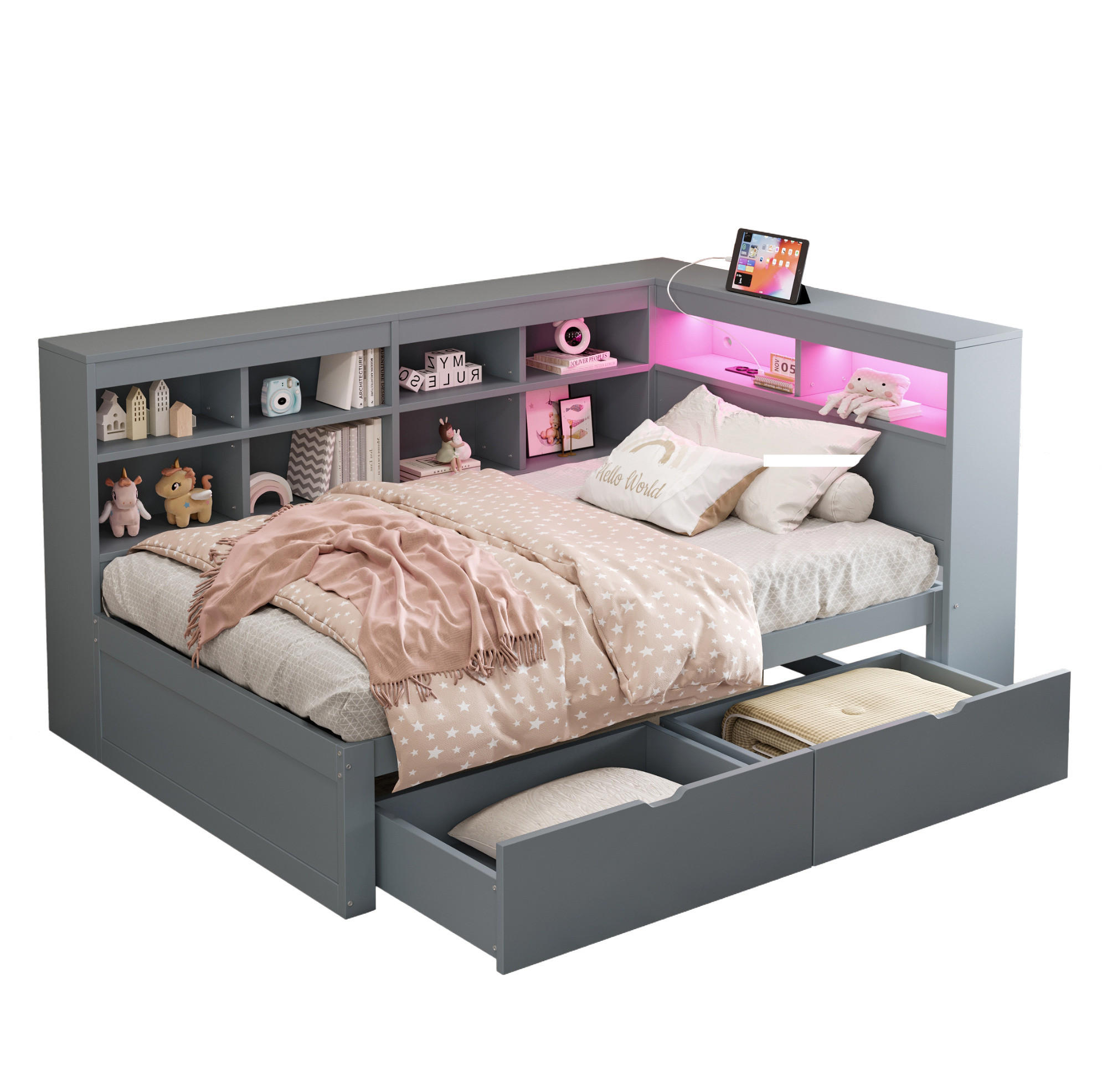 MULTIFUNKTIONSBETT 90/200 cm Grau mit Ablagefächern und USB-Steckdose mit LED-Beleuchtung - Grau, Holzwerkstoff (90/200cm) - OKWISH