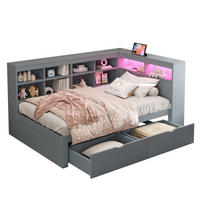 MULTIFUNKTIONSBETT 90/200 cm Grau mit Ablagefächern und USB-Steckdose mit LED-Beleuchtung - Grau, Holzwerkstoff (90/200cm) - OKWISH