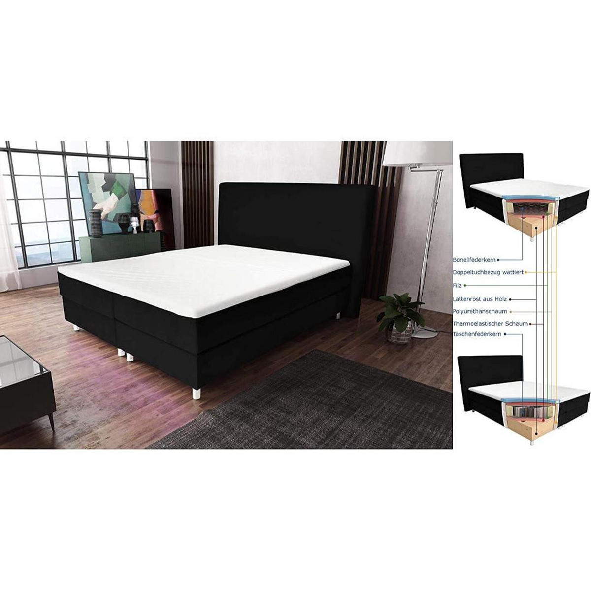 BOXBETT AMELIA mit Luxus 7-Zonen Taschenfederkernmatratze oder Bonellfederkernmatratze in Härtegrad H2, H3, H4 viele Farben und Größen - Violett, Holz/Holzwerkstoff (160/200cm) - Best For Home