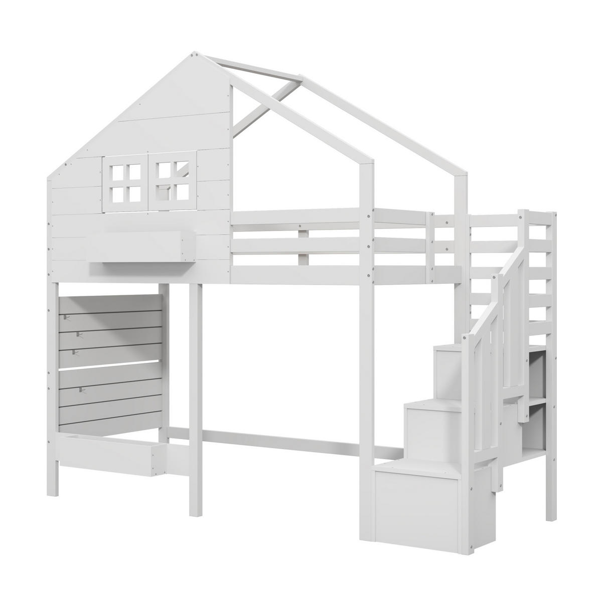 KINDEREINZELBETTEN aus Massivholz 90x200 cm in Weiß mit Stauraumtreppe & Fenster - Weiß, Holz (90/200cm) - Modfu