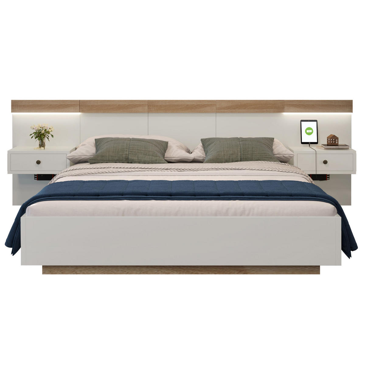 DOPPELBETT 140/200 cm Weiß aus Holzwerkstoff mit LED-Nachttischen und USB-C - Weiß, Holzwerkstoff (140/200cm) - OKWISH