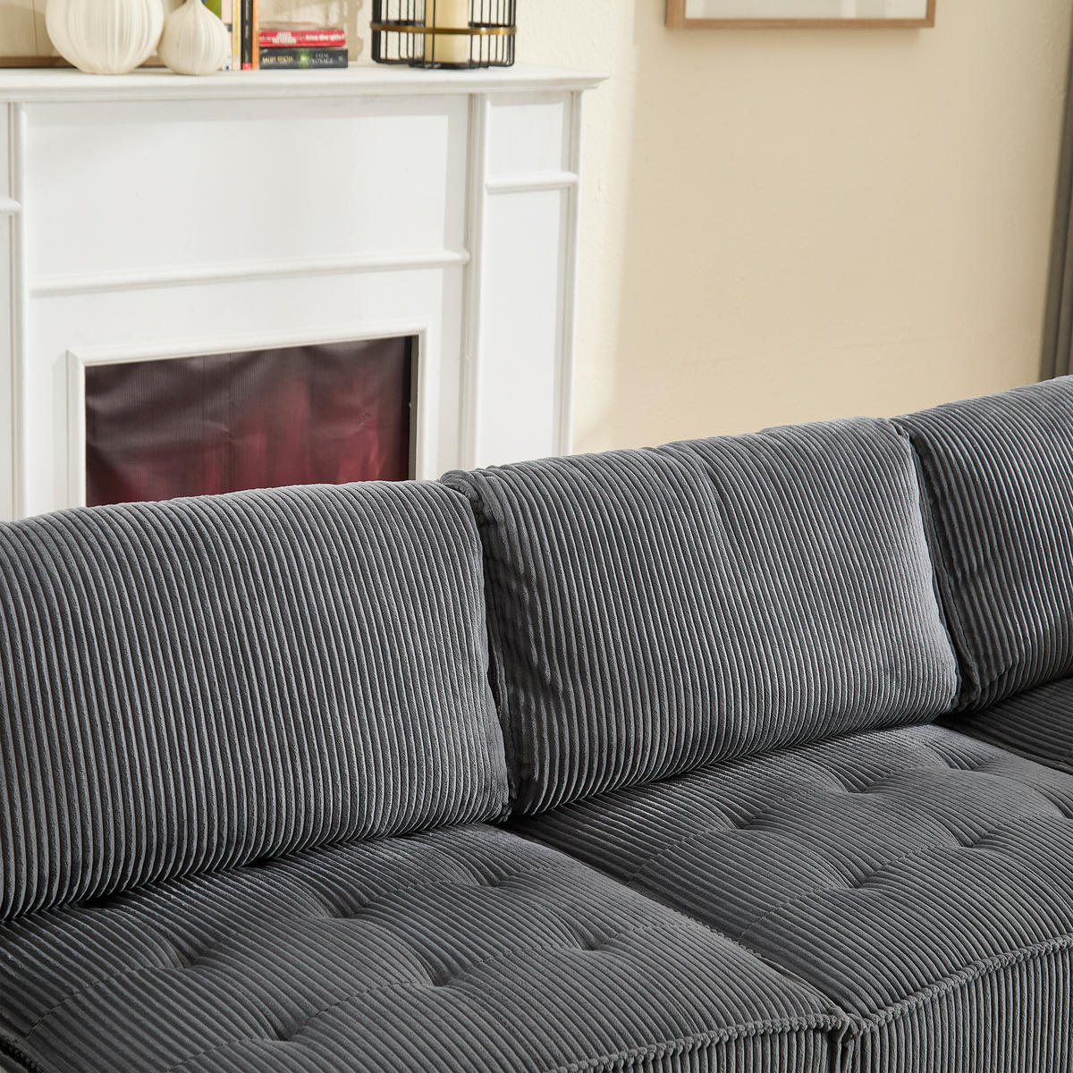 WOHNLANDSCHAFT 6-Sitzer Cord Grau mit Seitentaschen - Grau, Holzwerkstoff/Kunststoff (308/82/154cm) - WISHDOR
