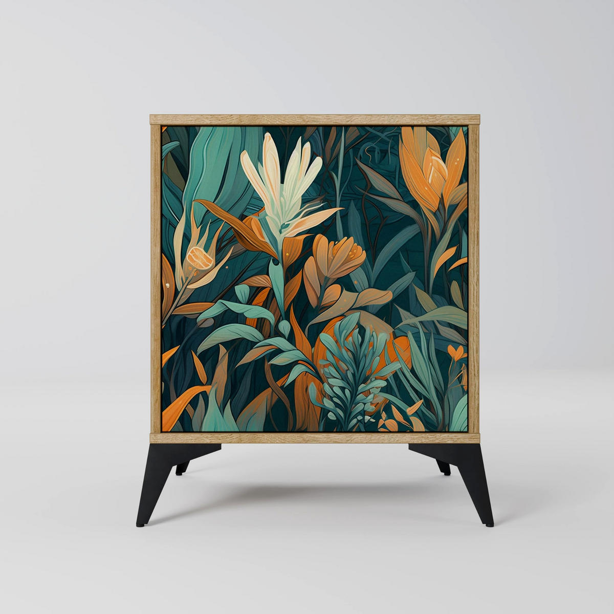 SIDEBOARD FLORAL SERENITY, Eichefarben, 57,5x42x77,5 cm, Schräge Buchenholzfüße - Eichefarben/Buchefarben, Holzwerkstoff/Buchenholz (57.5/77.5/42cm) - SpaceRebels