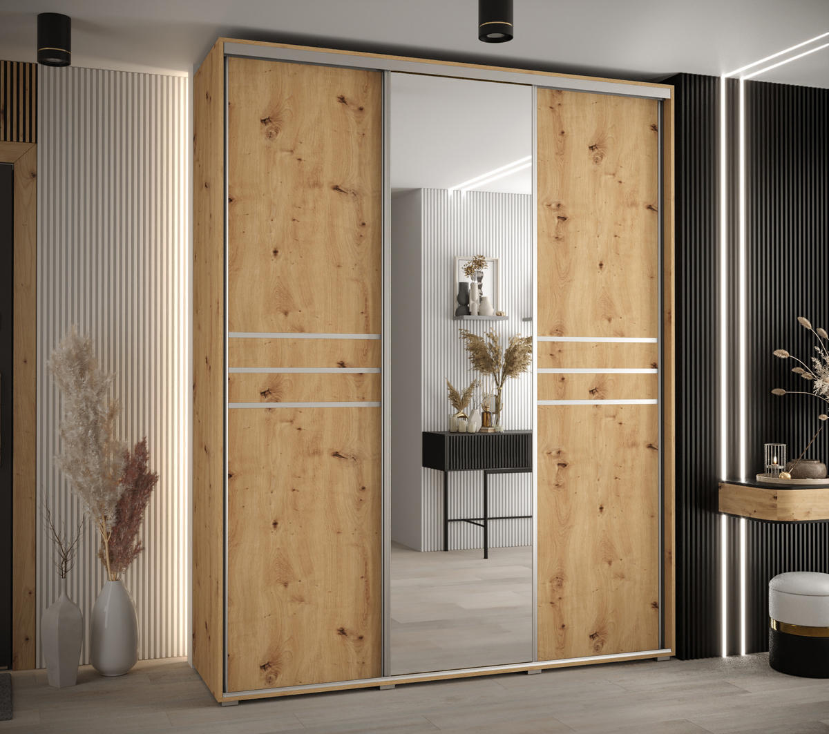 SCHWEBETÜRENSCHRANK 235,2/200/45 3-türig - Silberfarben/Eiche Artisan, Holz/Metall (200/235/45cm) - Abiks Möbel