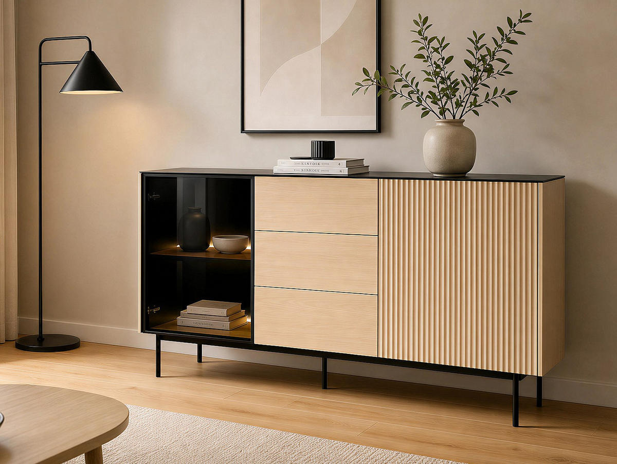 SIDEBOARD - 157 cm x 39 cm - glas - schwarz, naturfarben hell Sayera - Schwarz/Naturfarben, Glas/Holz (157/84/39cm) - Vente-Unique