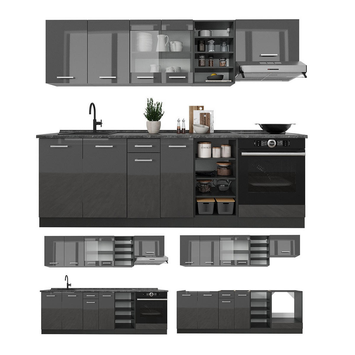 KUCHYŇSKÝ KOUT R-Line Antracit vysoký lesk/antracit 240 cm , PD Dub - antracitová/vysoce lesklá černá, kompozitní dřevo (240/206.8/60cm) - Vicco