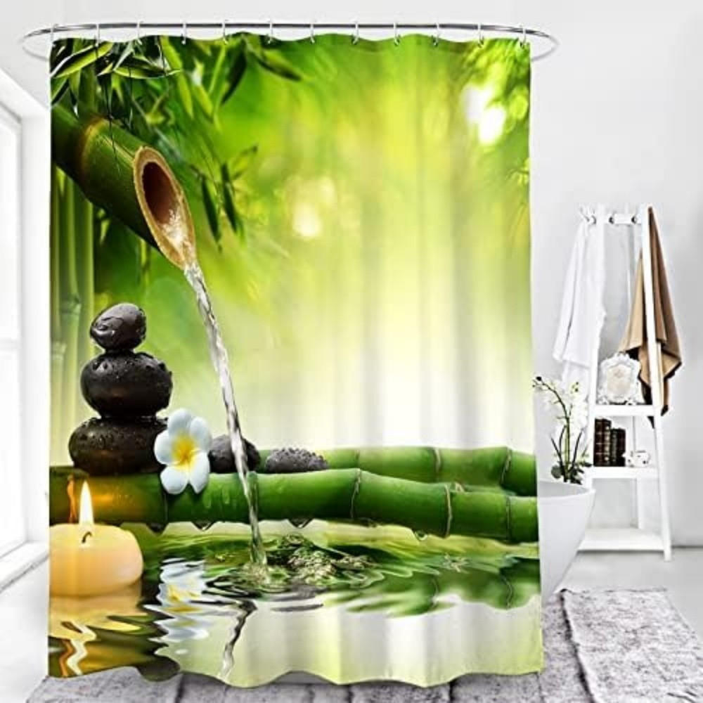 DUSCHVORHANG Grün Polyester schimmelresistent wasserdicht Stoff Zen mit Haken - Grün, Textil (180/120cm) - MCBOSON
