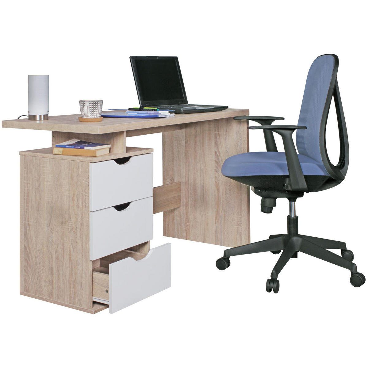 SCHREIBTISCH – Sonoma Weiß, 120x76x53 cm, 3 Schubladen, kompakt, mit Ablage - Beige, Holzwerkstoff (120/53/76cm) - KADIMA DESIGN
